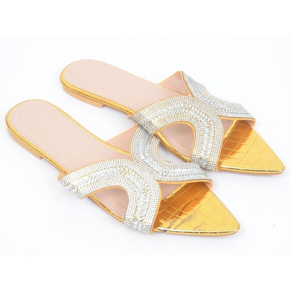 NEW Metallic Gold Rhinestones Sparkly Pointed Toe Flat Sandals Formal Flat US 10 - Picture 2 of 10